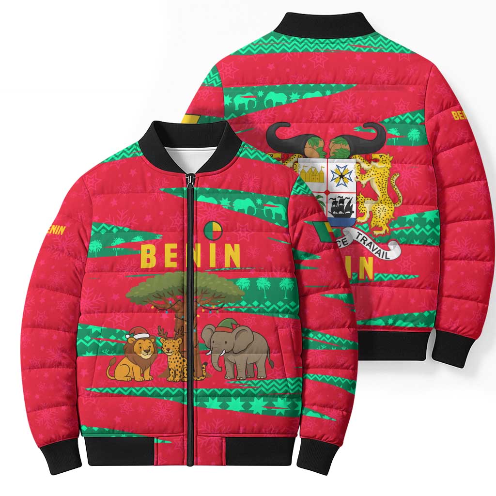 Benin Christmas Bomber Puffer Jacket with Safari Animals Baobab Tree and National Coat of Arms Design - Wonder Print Shop