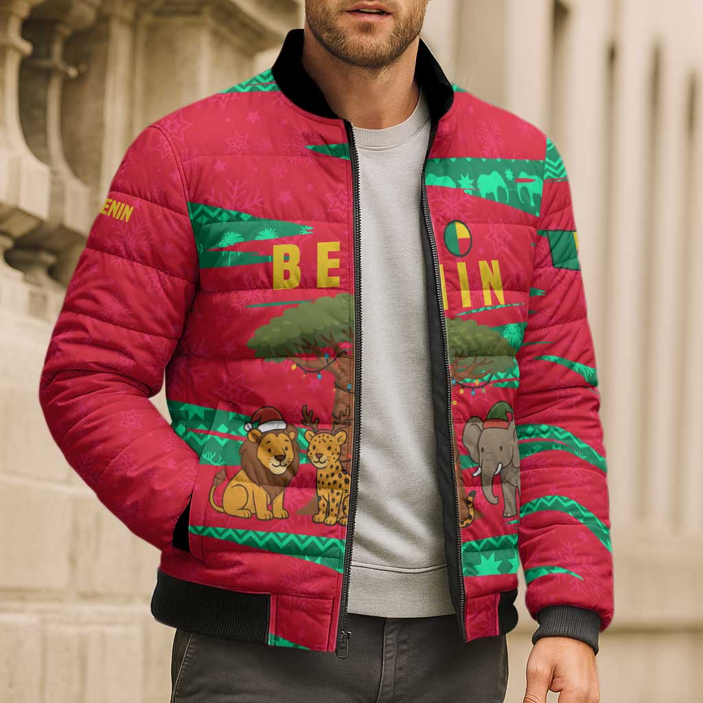 Benin Christmas Bomber Puffer Jacket with Safari Animals Baobab Tree and National Coat of Arms Design - Wonder Print Shop