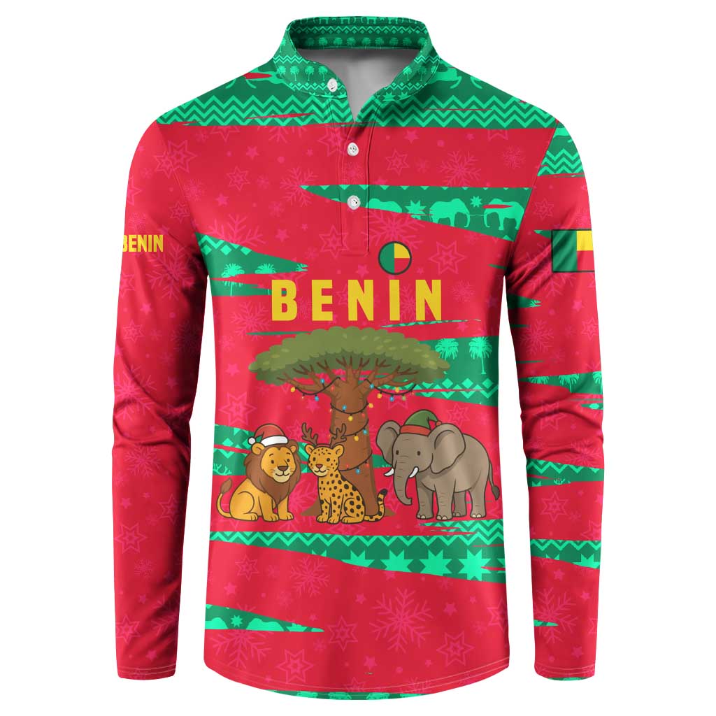 Benin Christmas Button Sweatshirt with Safari Animals Baobab Tree and National Coat of Arms Design - Wonder Print Shop