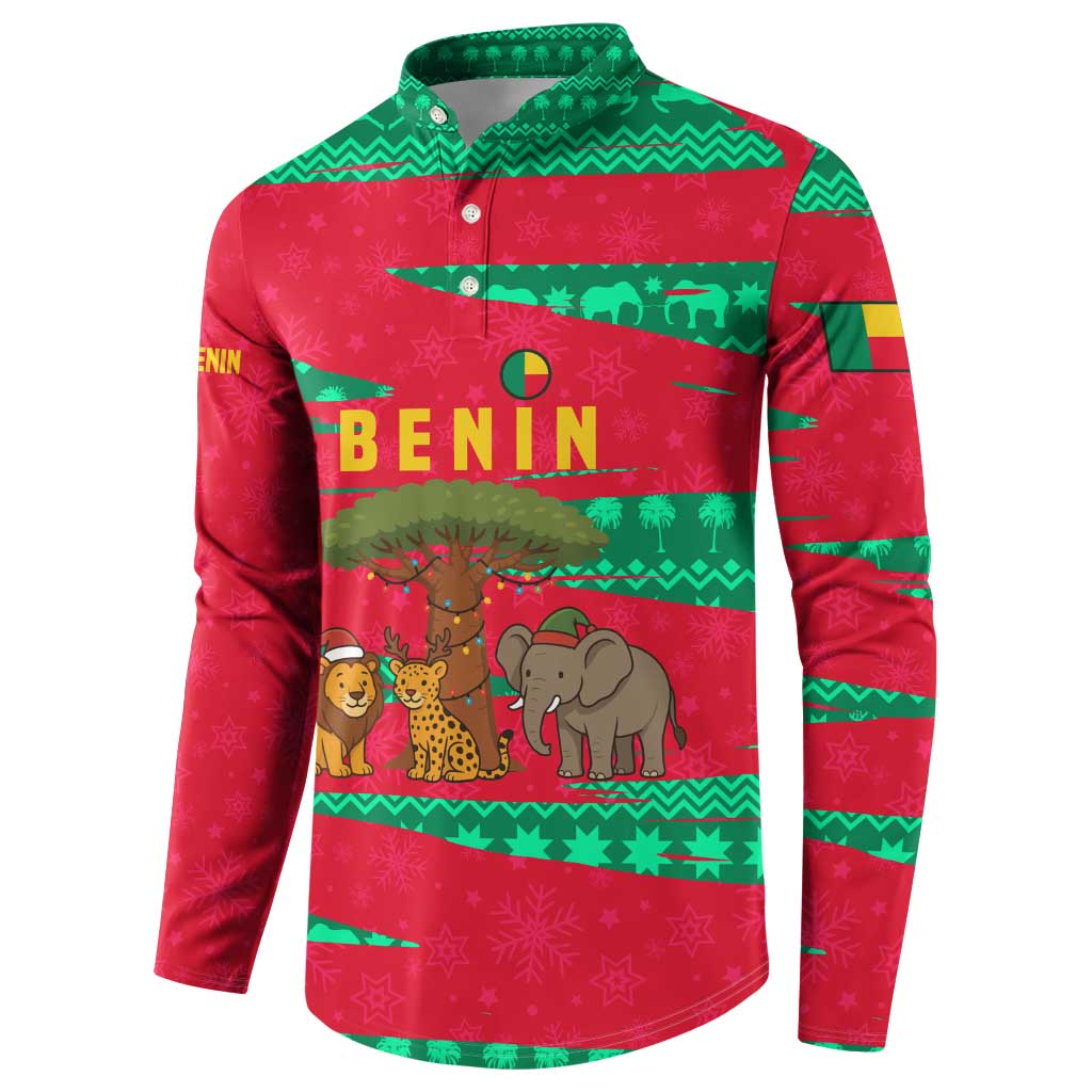 Benin Christmas Button Sweatshirt with Safari Animals Baobab Tree and National Coat of Arms Design - Wonder Print Shop