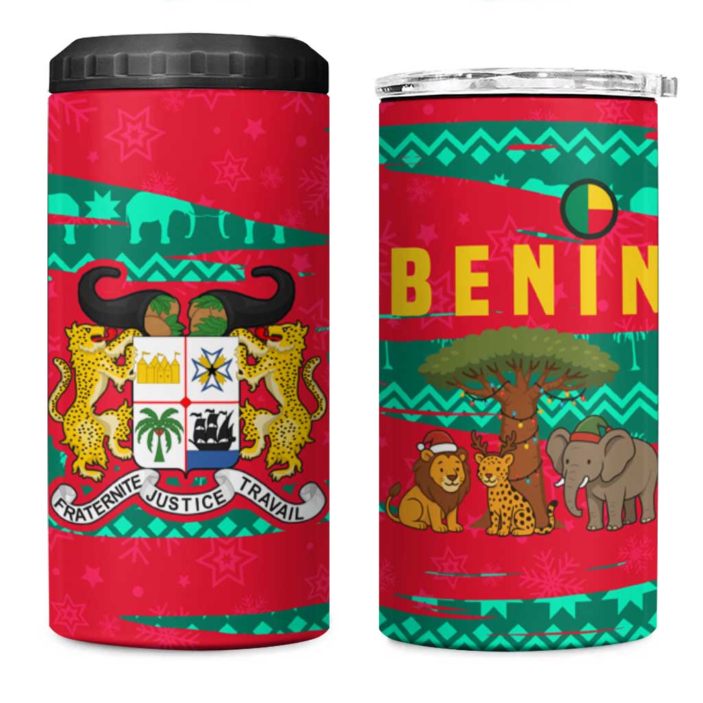 Benin Christmas 4 in 1 Can Cooler Tumbler with Safari Animals Baobab Tree and National Coat of Arms Design - Wonder Print Shop