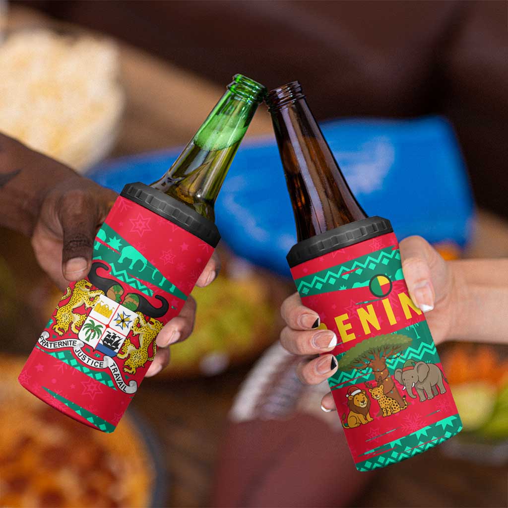 Benin Christmas 4 in 1 Can Cooler Tumbler with Safari Animals Baobab Tree and National Coat of Arms Design - Wonder Print Shop