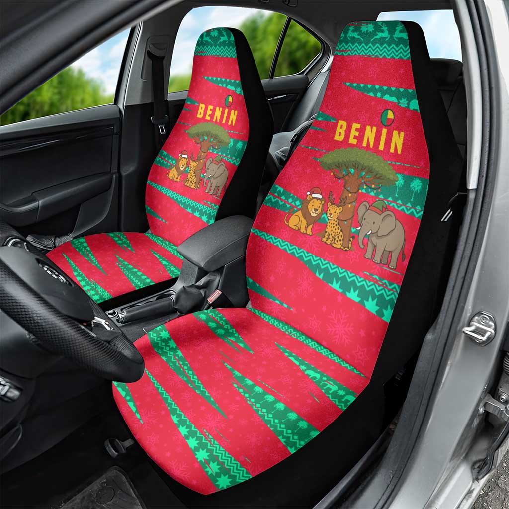 Benin Christmas Car Seat Cover with Safari Animals Baobab Tree and National Coat of Arms Design - Wonder Print Shop