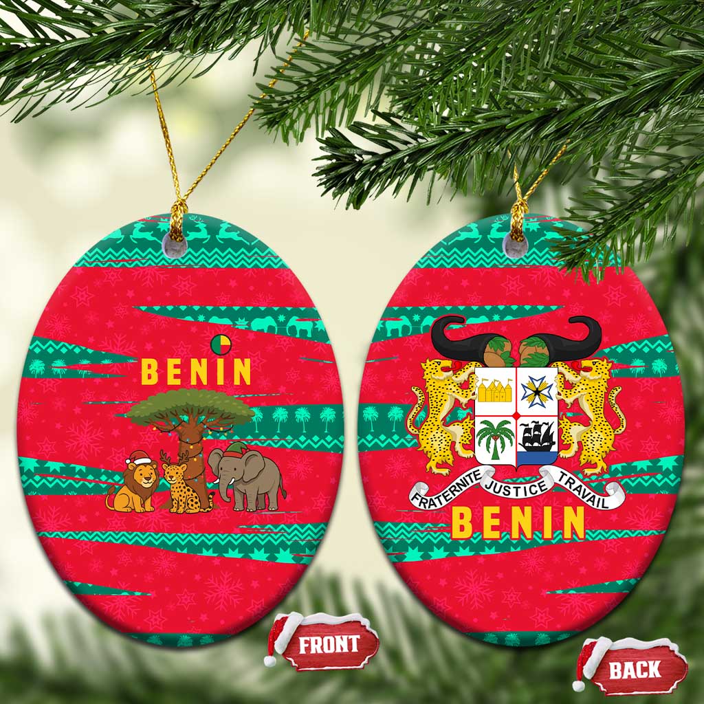 Benin Christmas Ceramic Ornament with Safari Animals Baobab Tree and National Coat of Arms Design - Wonder Print Shop