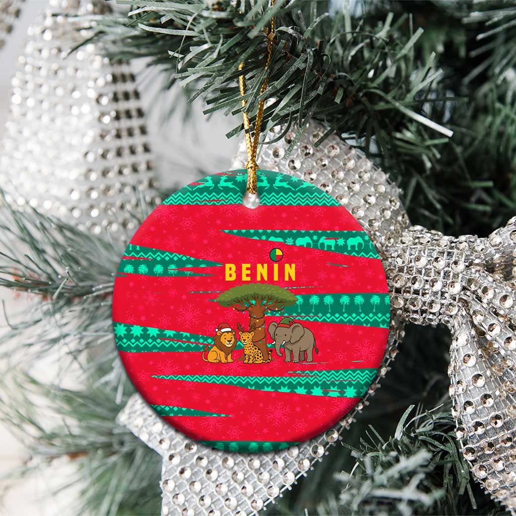 Benin Christmas Ceramic Ornament with Safari Animals Baobab Tree and National Coat of Arms Design - Wonder Print Shop