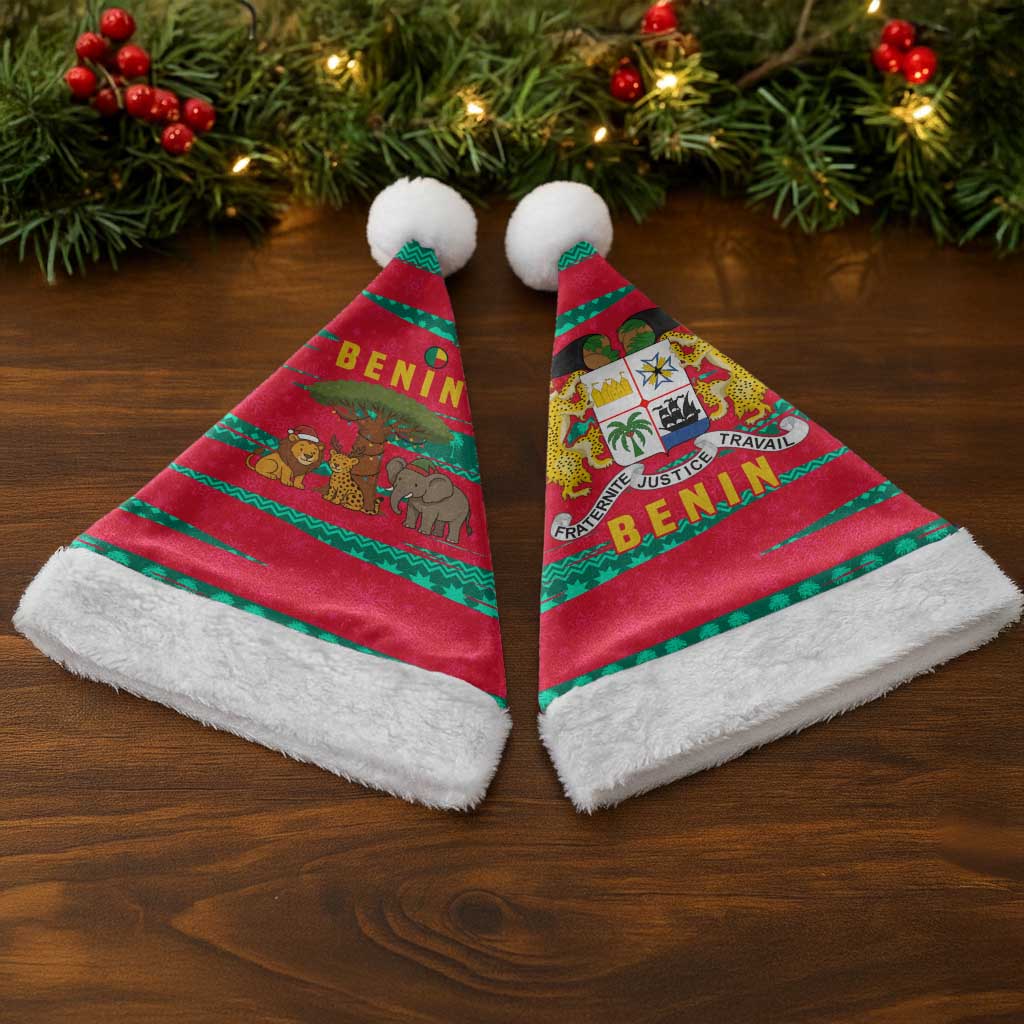 Benin Christmas Santa Hat with Safari Animals Baobab Tree and National Coat of Arms Design - Wonder Print Shop