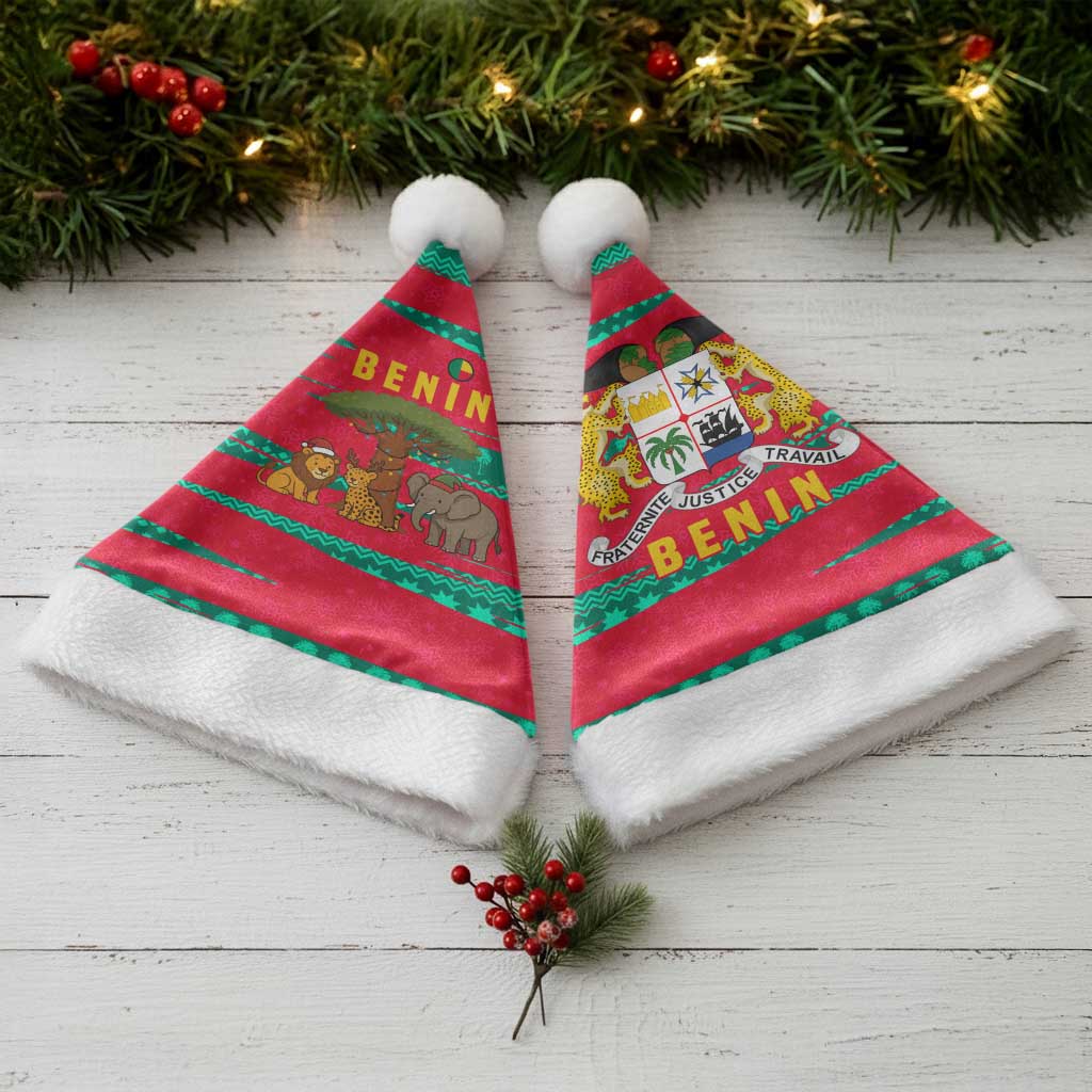 Benin Christmas Santa Hat with Safari Animals Baobab Tree and National Coat of Arms Design - Wonder Print Shop