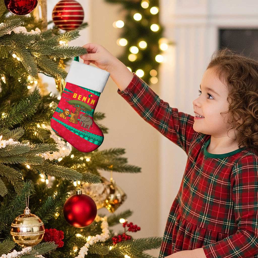 Benin Christmas Stocking with Safari Animals Baobab Tree and National Coat of Arms Design - Wonder Print Shop