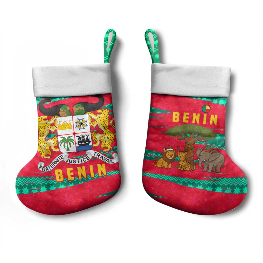 Benin Christmas Stocking with Safari Animals Baobab Tree and National Coat of Arms Design - Wonder Print Shop
