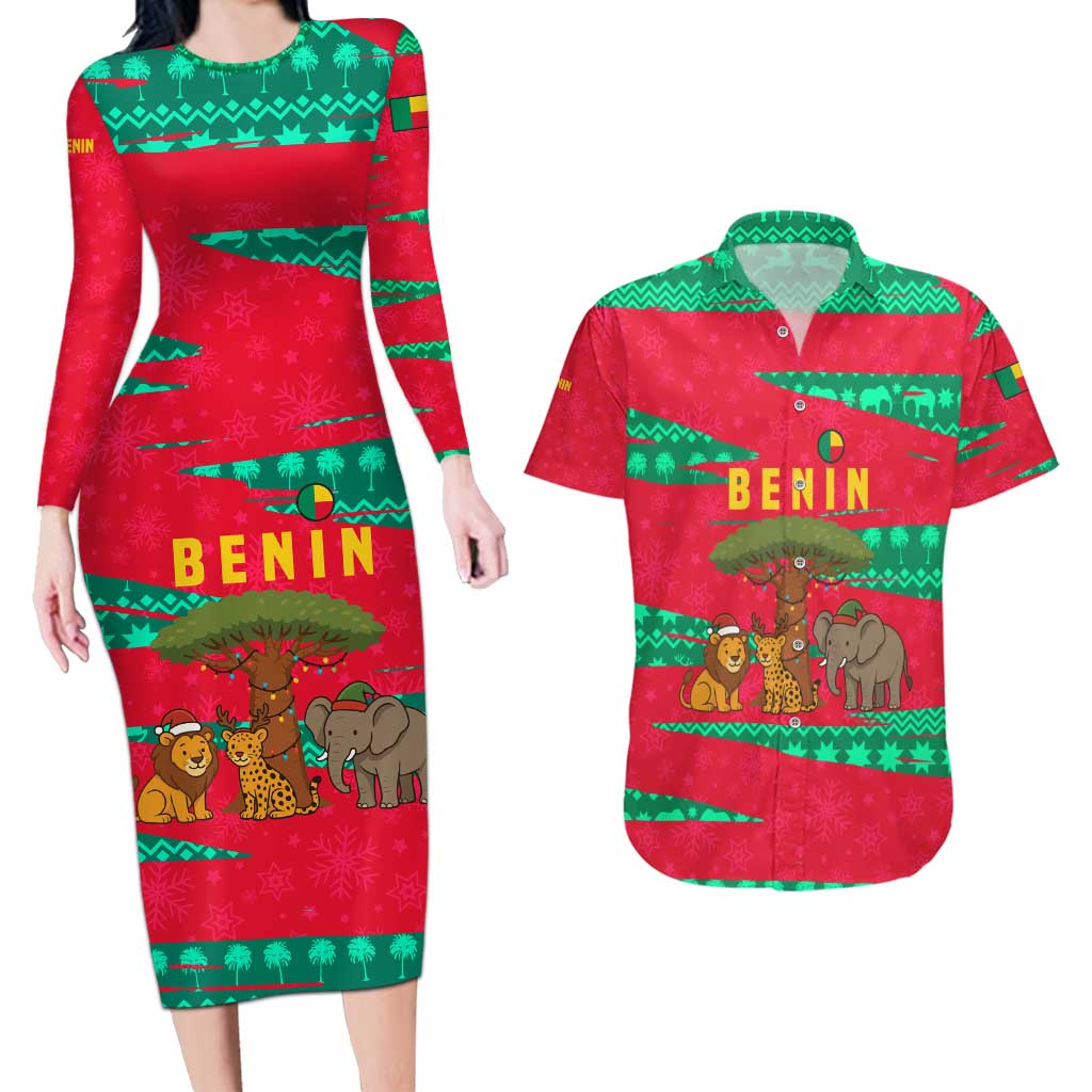 Benin Christmas Couples Matching Long Sleeve Bodycon Dress and Hawaiian Shirt with Safari Animals Baobab Tree and National Coat of Arms Design - Wonder Print Shop