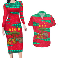 Benin Christmas Couples Matching Long Sleeve Bodycon Dress and Hawaiian Shirt with Safari Animals Baobab Tree and National Coat of Arms Design - Wonder Print Shop