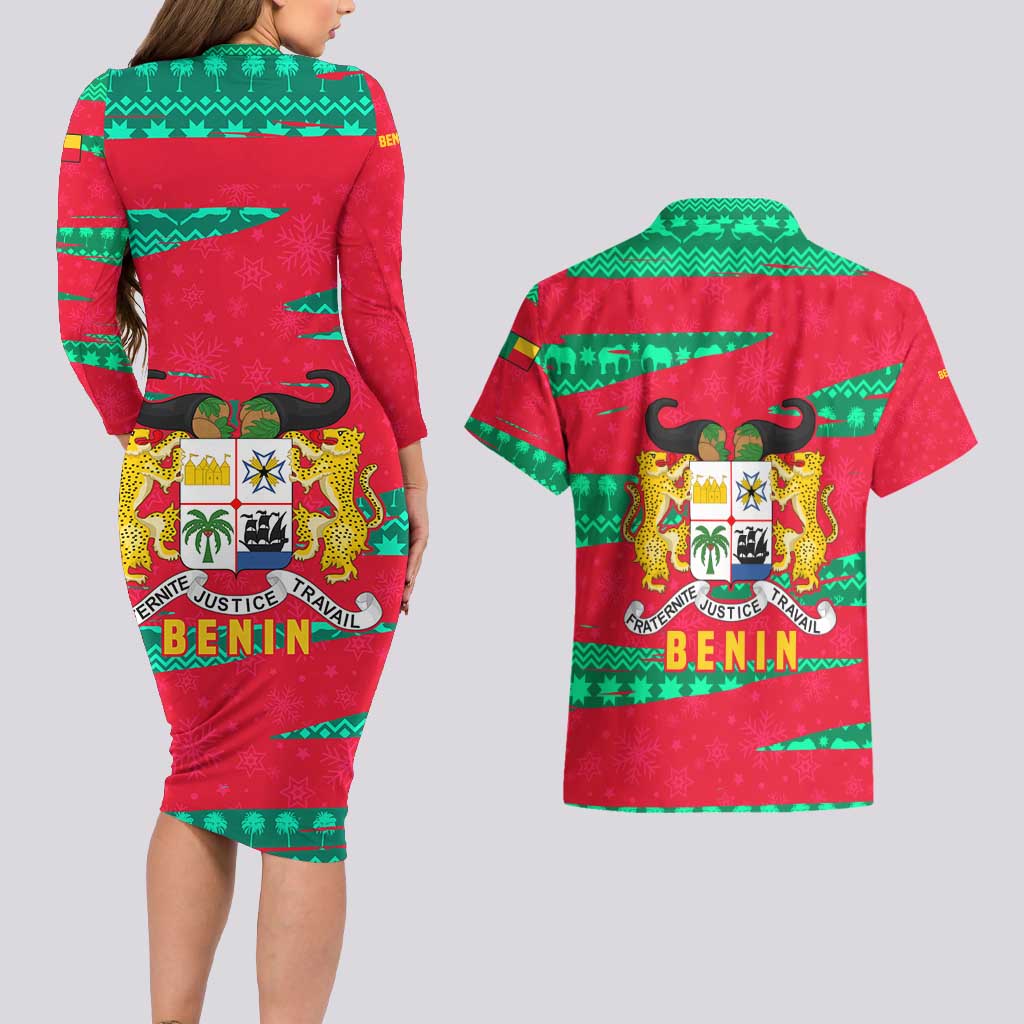 Benin Christmas Couples Matching Long Sleeve Bodycon Dress and Hawaiian Shirt with Safari Animals Baobab Tree and National Coat of Arms Design - Wonder Print Shop