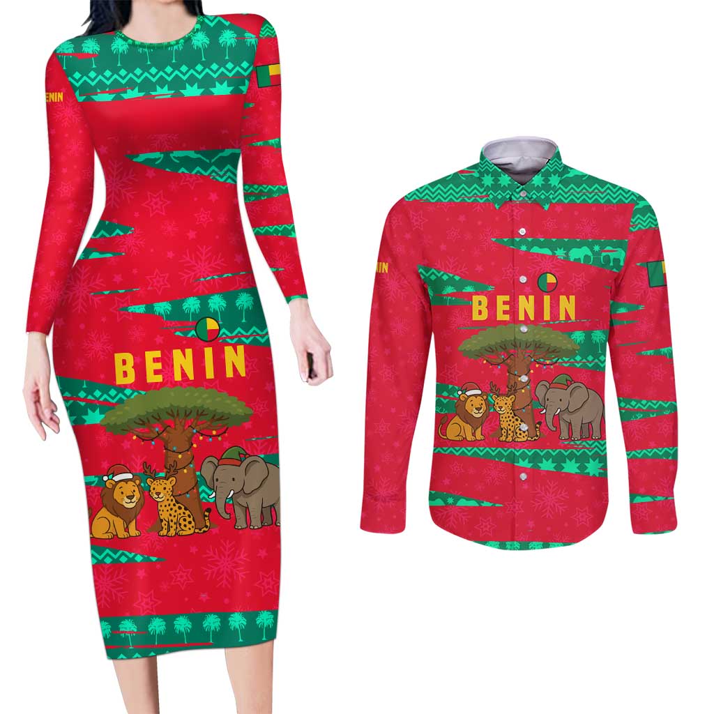 Benin Christmas Couples Matching Long Sleeve Bodycon Dress and Long Sleeve Button Shirt with Safari Animals Baobab Tree and National Coat of Arms Design - Wonder Print Shop