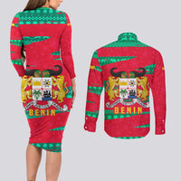 Benin Christmas Couples Matching Long Sleeve Bodycon Dress and Long Sleeve Button Shirt with Safari Animals Baobab Tree and National Coat of Arms Design - Wonder Print Shop