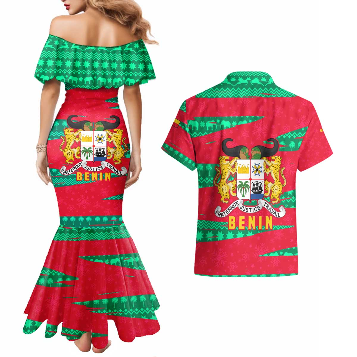 Benin Christmas Couples Matching Mermaid Dress and Hawaiian Shirt with Safari Animals Baobab Tree and National Coat of Arms Design - Wonder Print Shop