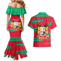 Benin Christmas Couples Matching Mermaid Dress and Hawaiian Shirt with Safari Animals Baobab Tree and National Coat of Arms Design - Wonder Print Shop