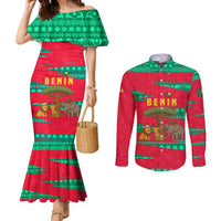 Benin Christmas Couples Matching Mermaid Dress and Long Sleeve Button Shirt with Safari Animals Baobab Tree and National Coat of Arms Design - Wonder Print Shop