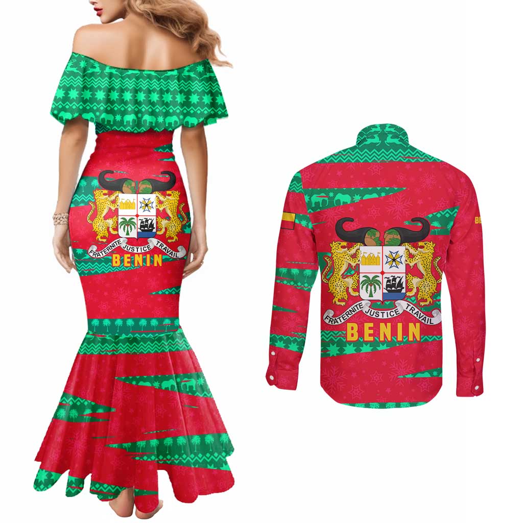 Benin Christmas Couples Matching Mermaid Dress and Long Sleeve Button Shirt with Safari Animals Baobab Tree and National Coat of Arms Design - Wonder Print Shop