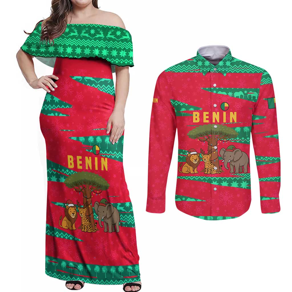 Benin Christmas Couples Matching Off Shoulder Maxi Dress and Long Sleeve Button Shirt with Safari Animals Baobab Tree and National Coat of Arms Design - Wonder Print Shop