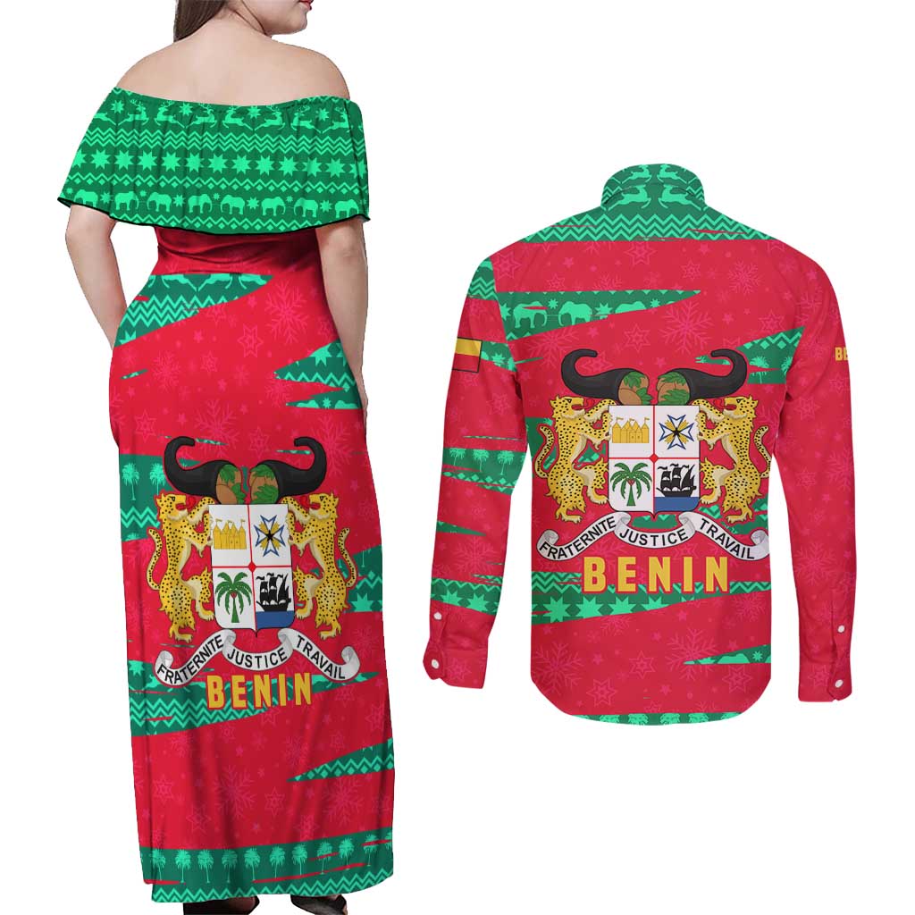 Benin Christmas Couples Matching Off Shoulder Maxi Dress and Long Sleeve Button Shirt with Safari Animals Baobab Tree and National Coat of Arms Design - Wonder Print Shop