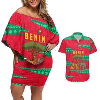 Benin Christmas Couples Matching Off Shoulder Short Dress and Hawaiian Shirt with Safari Animals Baobab Tree and National Coat of Arms Design - Wonder Print Shop