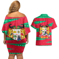Benin Christmas Couples Matching Off Shoulder Short Dress and Hawaiian Shirt with Safari Animals Baobab Tree and National Coat of Arms Design - Wonder Print Shop