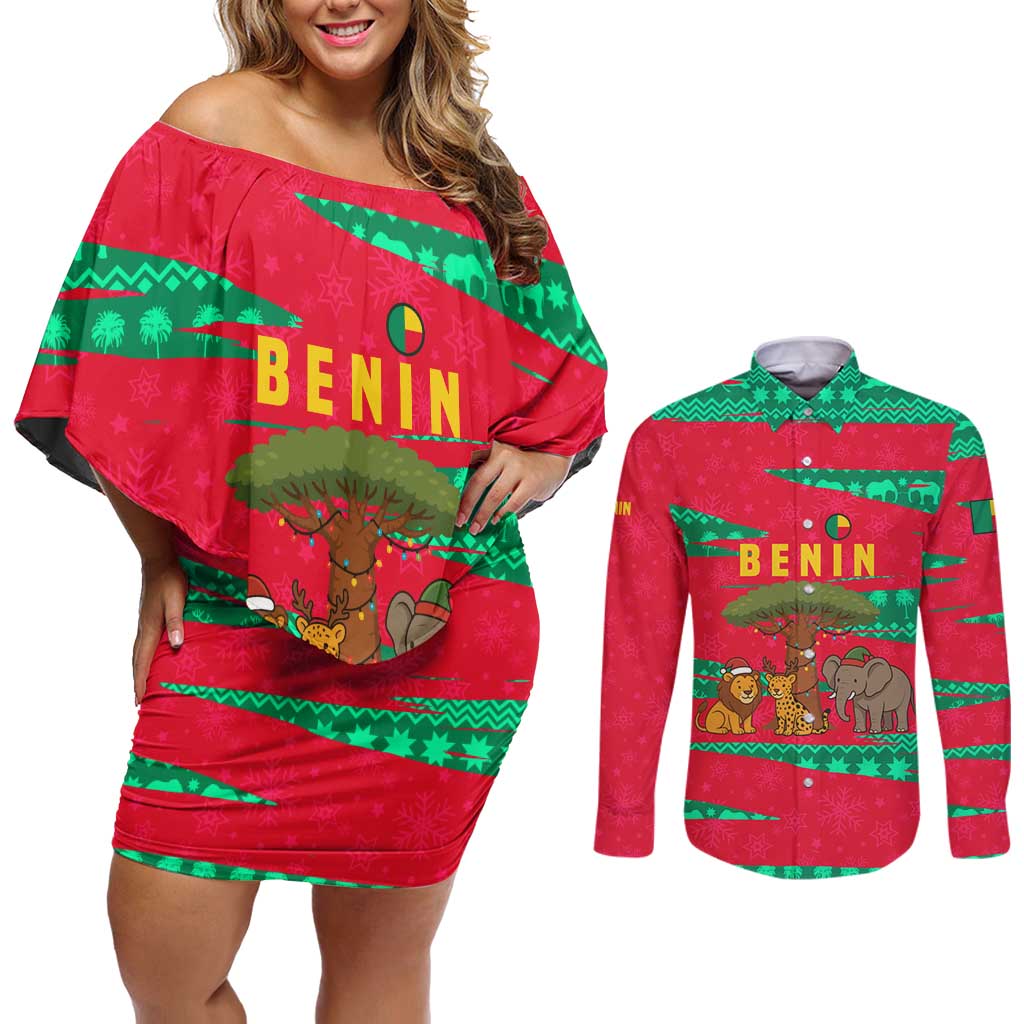 Benin Christmas Couples Matching Off Shoulder Short Dress and Long Sleeve Button Shirt with Safari Animals Baobab Tree and National Coat of Arms Design - Wonder Print Shop
