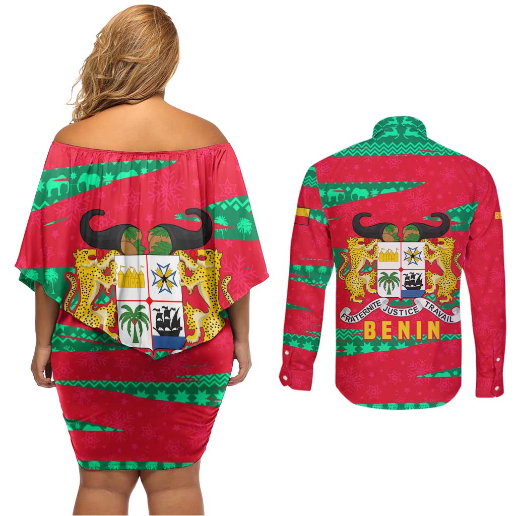 Benin Christmas Couples Matching Off Shoulder Short Dress and Long Sleeve Button Shirt with Safari Animals Baobab Tree and National Coat of Arms Design - Wonder Print Shop