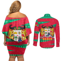 Benin Christmas Couples Matching Off Shoulder Short Dress and Long Sleeve Button Shirt with Safari Animals Baobab Tree and National Coat of Arms Design - Wonder Print Shop