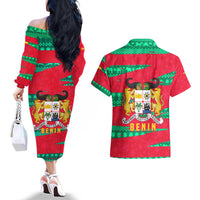 Benin Christmas Couples Matching Off The Shoulder Long Sleeve Dress and Hawaiian Shirt with Safari Animals Baobab Tree and National Coat of Arms Design - Wonder Print Shop