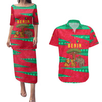 Benin Christmas Couples Matching Puletasi and Hawaiian Shirt with Safari Animals Baobab Tree and National Coat of Arms Design - Wonder Print Shop