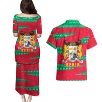 Benin Christmas Couples Matching Puletasi and Hawaiian Shirt with Safari Animals Baobab Tree and National Coat of Arms Design - Wonder Print Shop