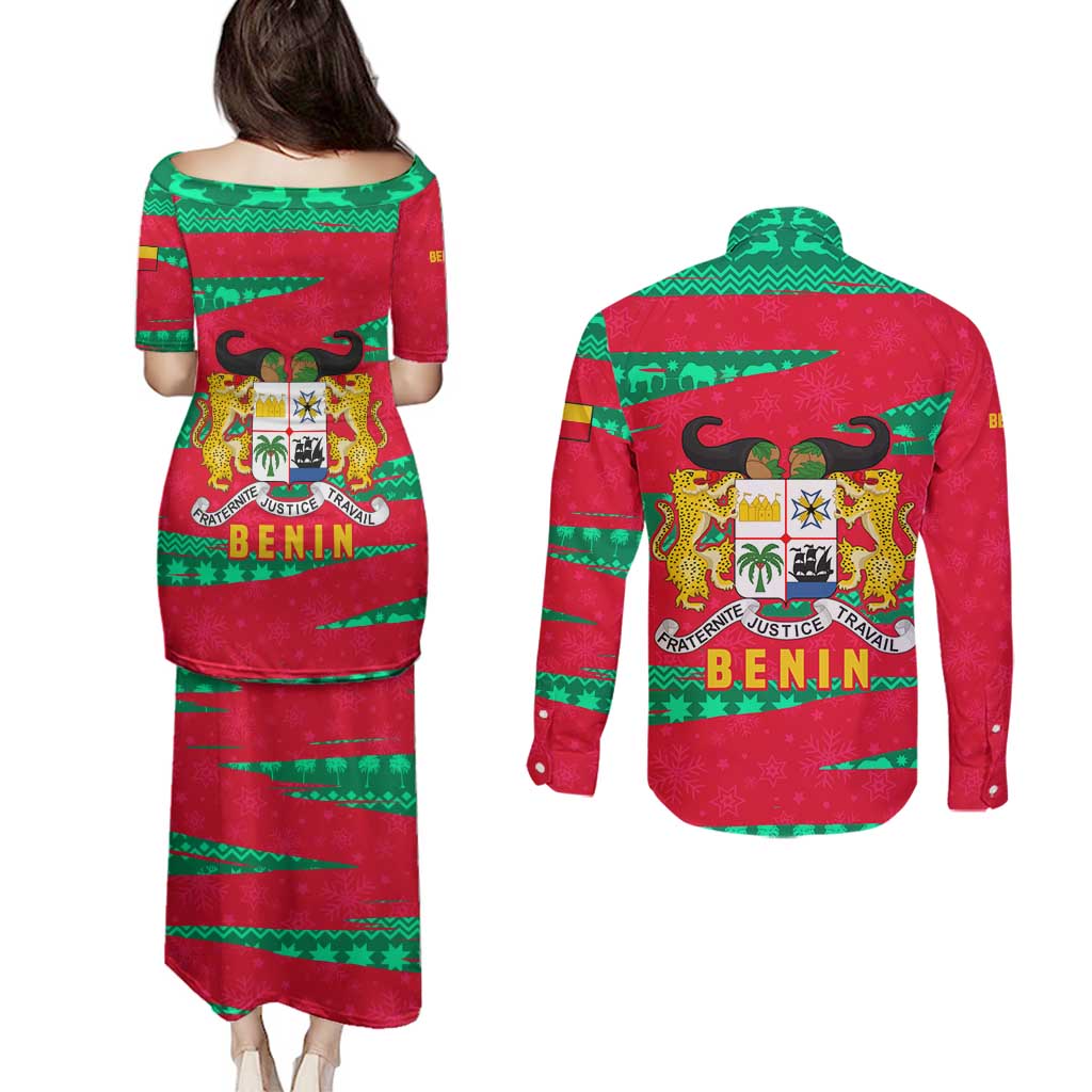 Benin Christmas Couples Matching Puletasi and Long Sleeve Button Shirt with Safari Animals Baobab Tree and National Coat of Arms Design - Wonder Print Shop