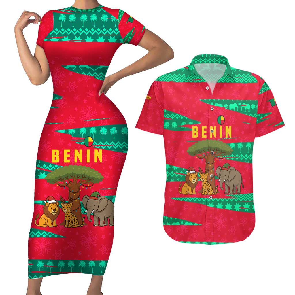 Benin Christmas Couples Matching Short Sleeve Bodycon Dress and Hawaiian Shirt with Safari Animals Baobab Tree and National Coat of Arms Design - Wonder Print Shop