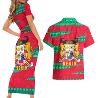 Benin Christmas Couples Matching Short Sleeve Bodycon Dress and Hawaiian Shirt with Safari Animals Baobab Tree and National Coat of Arms Design - Wonder Print Shop