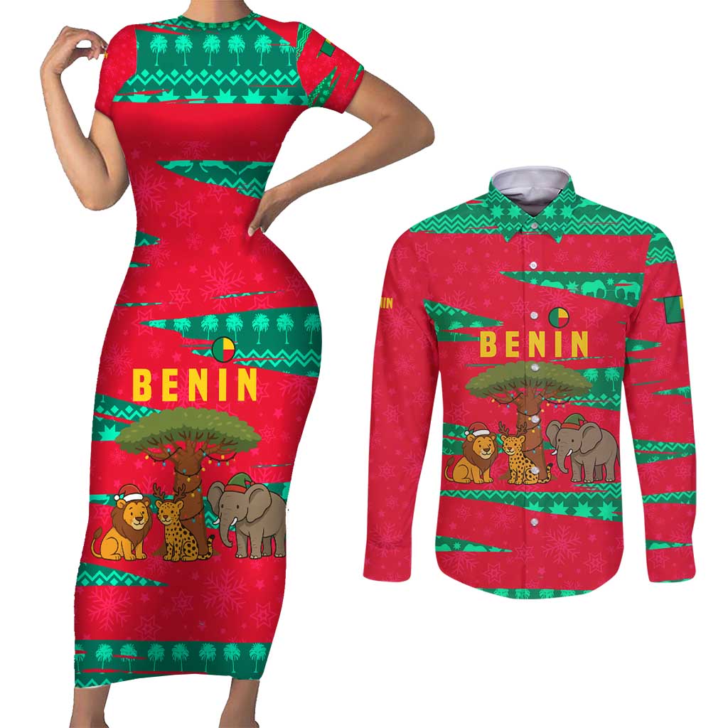 Benin Christmas Couples Matching Short Sleeve Bodycon Dress and Long Sleeve Button Shirt with Safari Animals Baobab Tree and National Coat of Arms Design - Wonder Print Shop