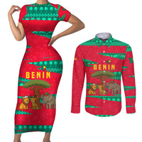 Benin Christmas Couples Matching Short Sleeve Bodycon Dress and Long Sleeve Button Shirt with Safari Animals Baobab Tree and National Coat of Arms Design - Wonder Print Shop