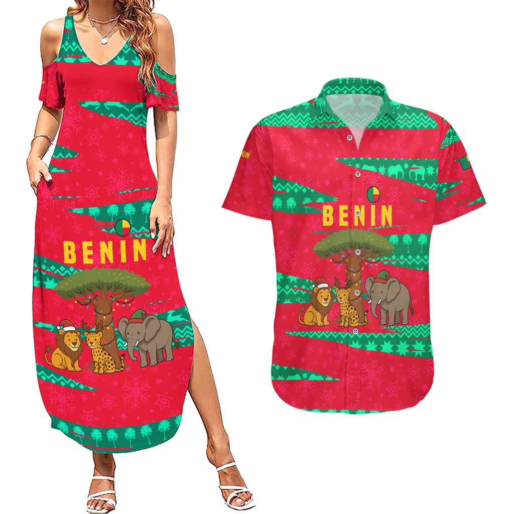Benin Christmas Couples Matching Summer Maxi Dress and Hawaiian Shirt with Safari Animals Baobab Tree and National Coat of Arms Design - Wonder Print Shop