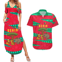 Benin Christmas Couples Matching Summer Maxi Dress and Hawaiian Shirt with Safari Animals Baobab Tree and National Coat of Arms Design - Wonder Print Shop