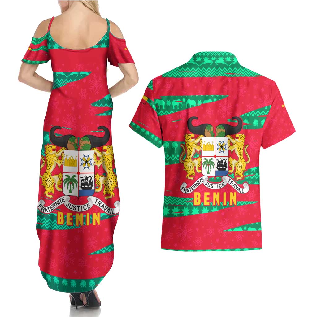 Benin Christmas Couples Matching Summer Maxi Dress and Hawaiian Shirt with Safari Animals Baobab Tree and National Coat of Arms Design - Wonder Print Shop