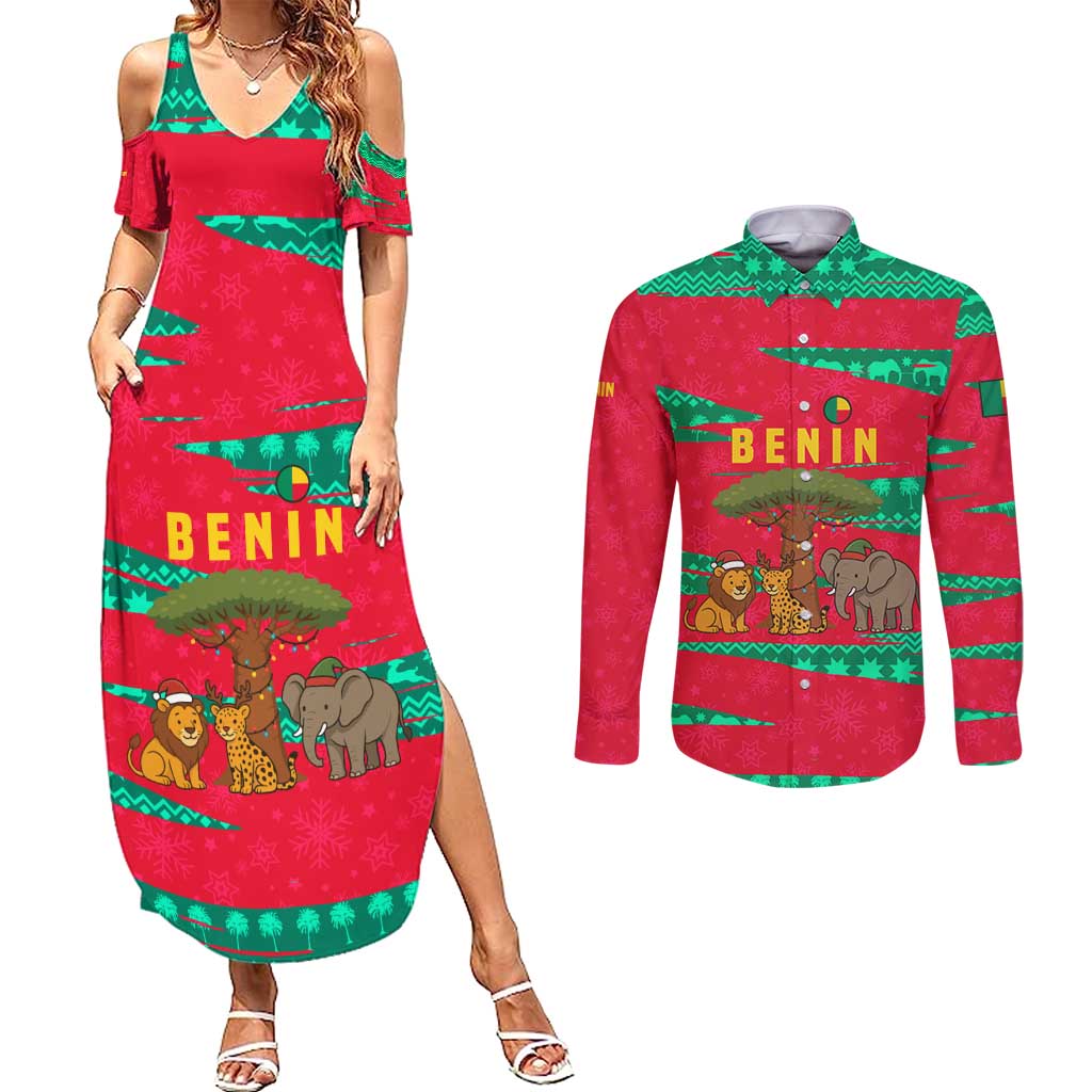 Benin Christmas Couples Matching Summer Maxi Dress and Long Sleeve Button Shirt with Safari Animals Baobab Tree and National Coat of Arms Design - Wonder Print Shop