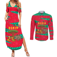 Benin Christmas Couples Matching Summer Maxi Dress and Long Sleeve Button Shirt with Safari Animals Baobab Tree and National Coat of Arms Design - Wonder Print Shop