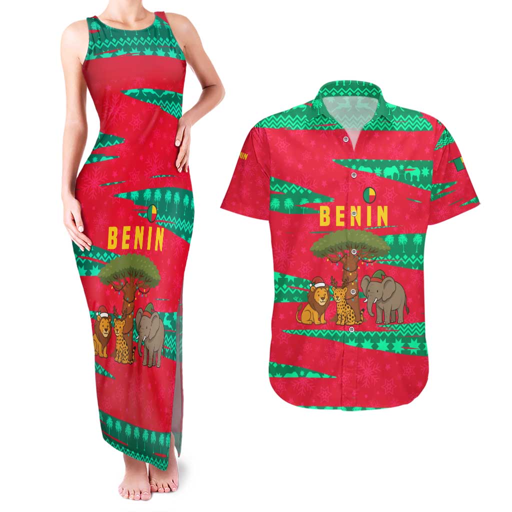 Benin Christmas Couples Matching Tank Maxi Dress and Hawaiian Shirt with Safari Animals Baobab Tree and National Coat of Arms Design - Wonder Print Shop