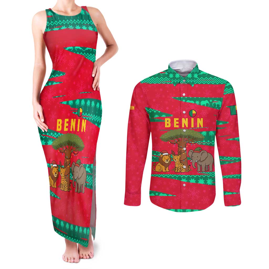 Benin Christmas Couples Matching Tank Maxi Dress and Long Sleeve Button Shirt with Safari Animals Baobab Tree and National Coat of Arms Design - Wonder Print Shop