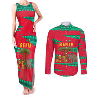 Benin Christmas Couples Matching Tank Maxi Dress and Long Sleeve Button Shirt with Safari Animals Baobab Tree and National Coat of Arms Design - Wonder Print Shop