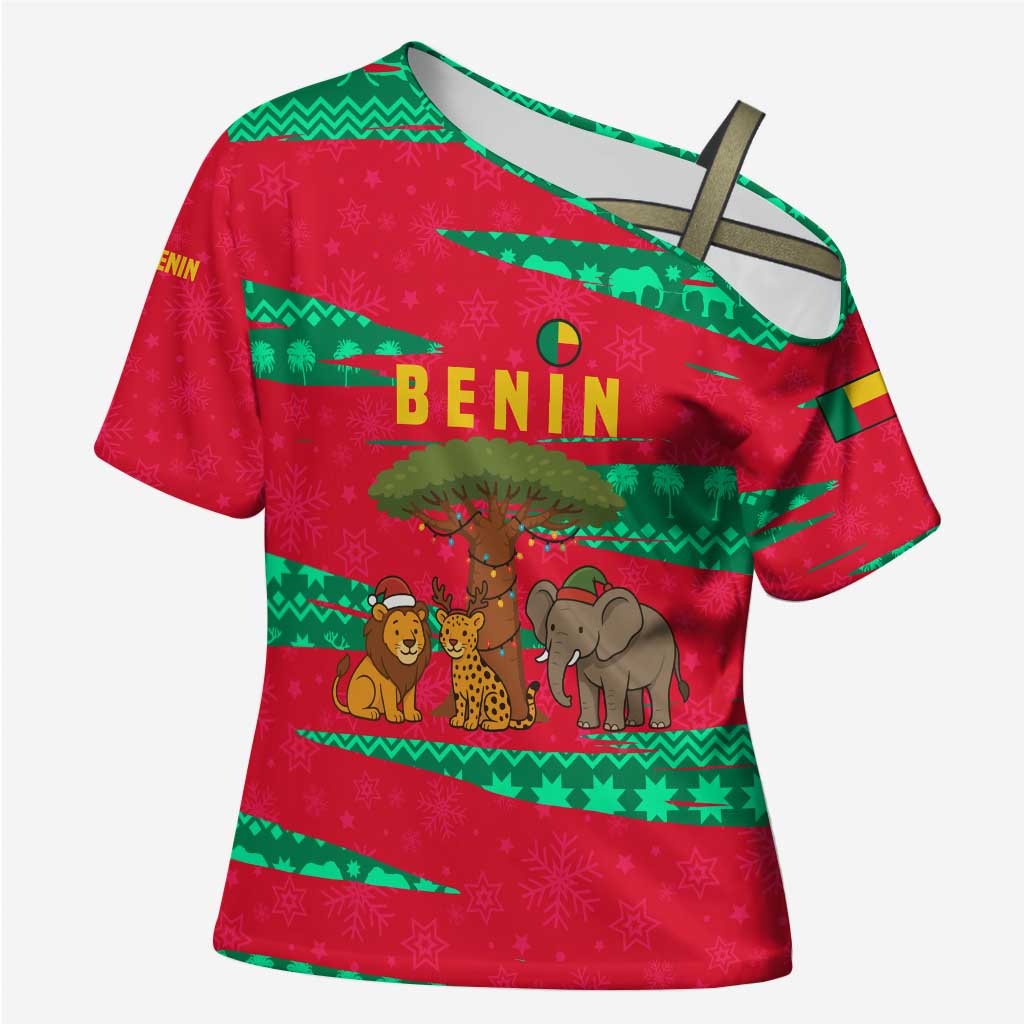 Benin Christmas Cross Shoulder Shirt with Safari Animals Baobab Tree and National Coat of Arms Design - Wonder Print Shop
