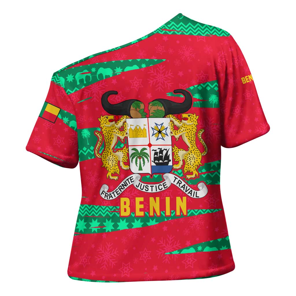 Benin Christmas Cross Shoulder Shirt with Safari Animals Baobab Tree and National Coat of Arms Design - Wonder Print Shop