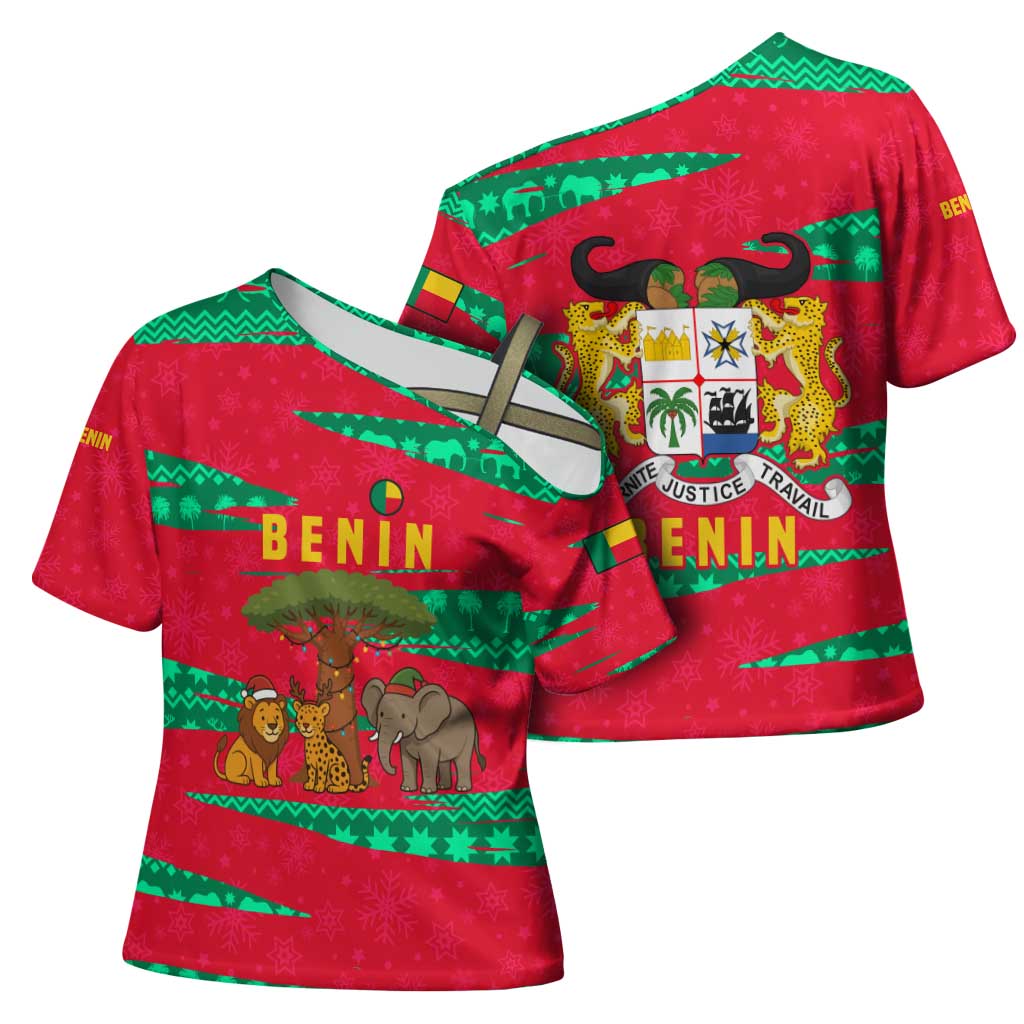Benin Christmas Cross Shoulder Shirt with Safari Animals Baobab Tree and National Coat of Arms Design - Wonder Print Shop