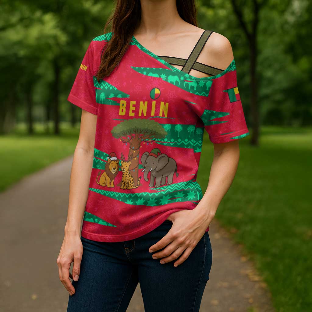 Benin Christmas Cross Shoulder Shirt with Safari Animals Baobab Tree and National Coat of Arms Design - Wonder Print Shop