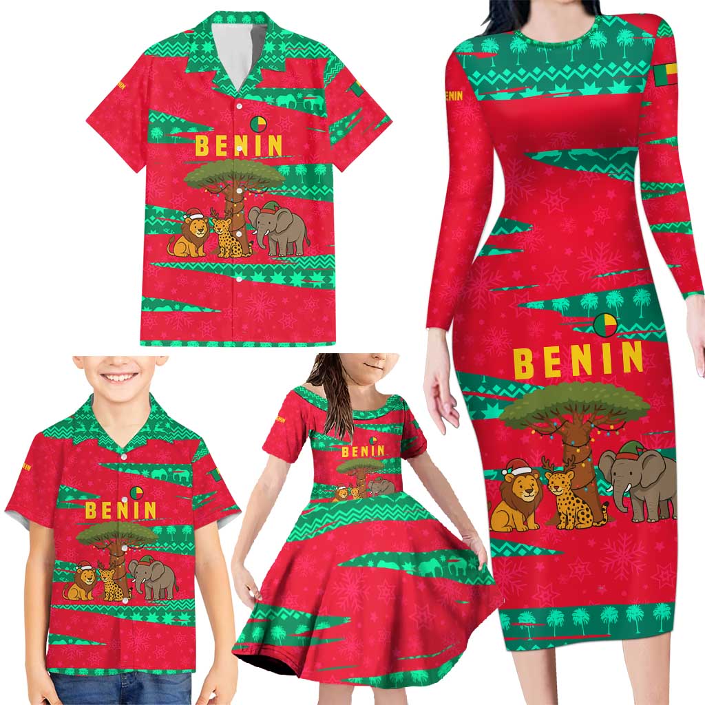 Benin Christmas Family Matching Long Sleeve Bodycon Dress and Hawaiian Shirt with Safari Animals Baobab Tree and National Coat of Arms Design - Wonder Print Shop